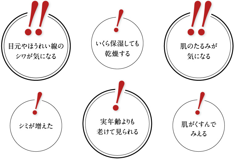 目元やほうれい線のシワが気になる いくら保湿しても乾燥する 肌のたるみが気になる シミが増えた 実年齢よりも老けて見られる 肌がくすんでみえる